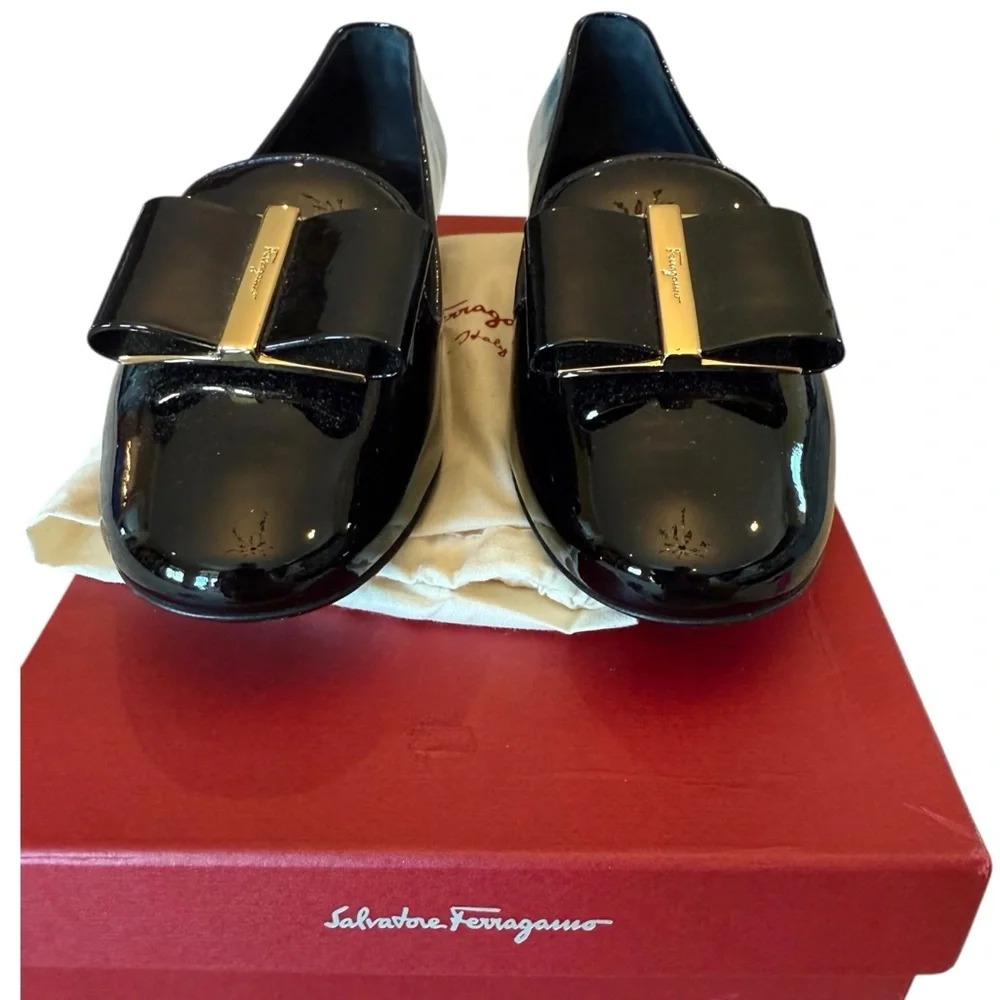 Salvatore Ferragamo Black Patent Vara Bow Loafers with Gold Accent FITS LIKE A 7